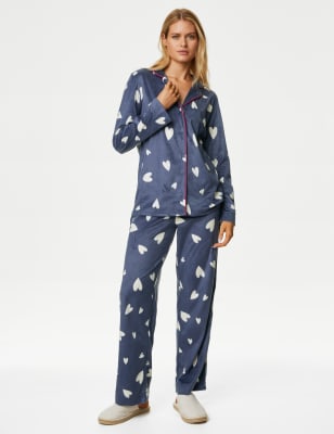 

Womens M&S Collection Fleece Heart Print Pyjama Set - Blue Mix, Blue Mix