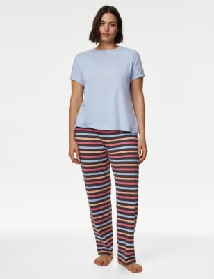 

Womens M&S Collection Cotton Rich Striped Slogan Pyjama Set - Ice Blue, Ice Blue