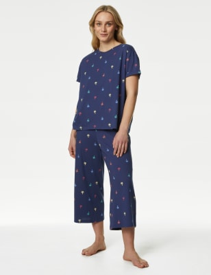 

Womens M&S Collection Cotton Rich Crop Leg Pyjama Set - Dark Blue, Dark Blue