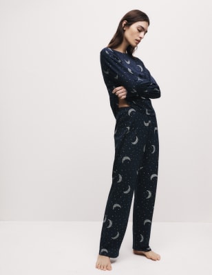 

Womens M&S Collection Pure Cotton Print Pyjama Set - Dark Blue, Dark Blue