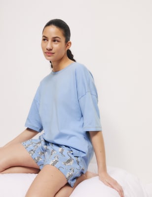 

Womens M&S Collection Shortie-Set aus reiner Baumwolle mit Muster - Light Wedgewood, Light Wedgewood