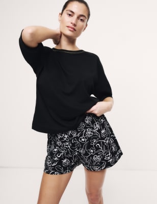 

Womens M&S Collection Shortie-Set aus reiner Baumwolle mit Muster - Black, Black