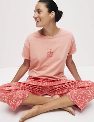 

Womens M&S Collection Cotton Rich Printed Cropped Pyjama Set, Coral