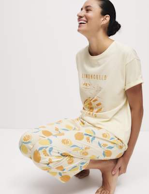 

Womens M&S Collection Cotton Rich Printed Cropped Pyjama Set, Buttermilk