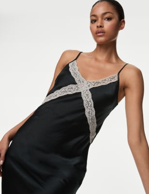 

Womens M&S Collection Satin Lace Detail Chemise - Black, Black