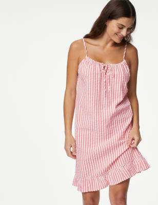 

Womens Body by M&S Pure Cotton Waffle Striped Chemise - Bright Coral, Bright Coral