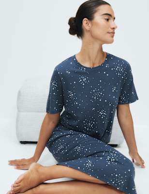 Womens M&S Cotton Modal Printed Long Nightdress, Dark Blue