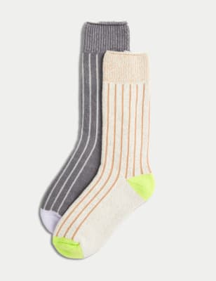 

Womens M&S Collection 2pk Striped Thermal Ankle High Socks - Grey Mix, Grey Mix