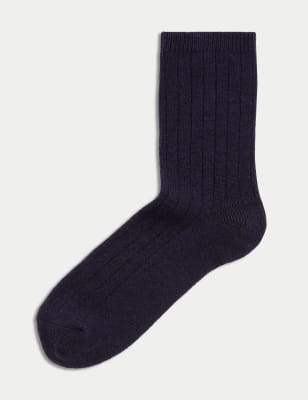 

Womens Autograph Cashmere Blend Ribbed Ankle High Socks - Navy, Navy