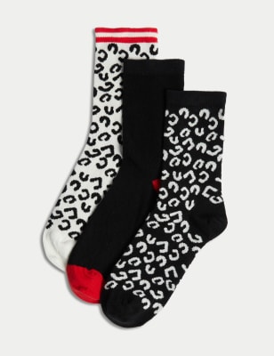 

Womens M&S Collection 3er-Pack knöchelhohe Socken mit hohem Baumwollanteil und Tiermustern - Black Mix, Black Mix