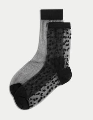 

Womens M&S Collection 2pk Cotton Blend Sheer Ankle High Socks - Black, Black