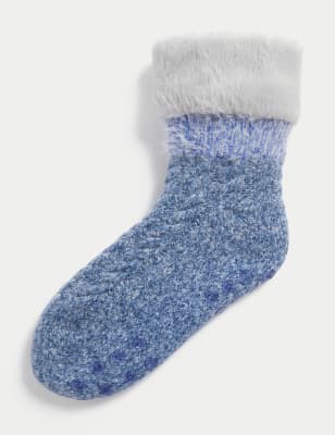 

Womens M&S Collection Flauschige Hausschuhsocken mit Kunstfellkragen - Slate Blue, Slate Blue