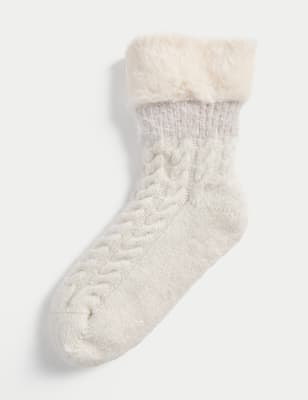 

Womens M&S Collection Flauschige Hausschuhsocken mit Kunstfellkragen - Light Apricot, Light Apricot