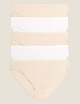 M&S Collection Women's 5pk No VPL Cotton Modal High Leg Knickers - 12 - White, White,Black