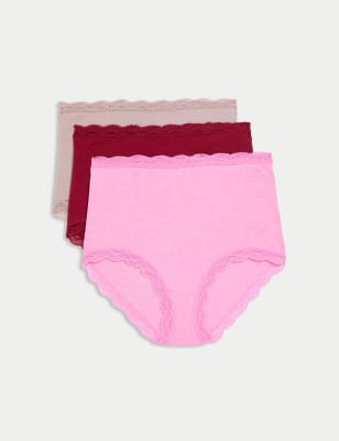 

Womens M&S Collection 3pk Cotton Rich Lace Cuffed Full Briefs - Dark Cranberry, Dark Cranberry