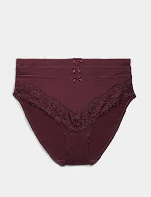 Womens M&S 3 Pack Jasmine Lace Trim High Leg Knickers, Dark Wine