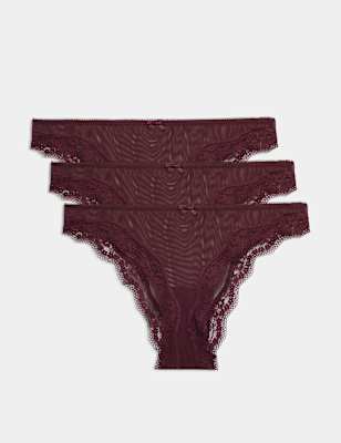 Womens M&S 3 Pack Jasmine Mesh Brazilian Knickers, Dark Wine