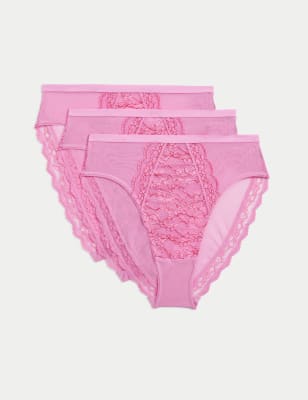 

Womens M&S Collection 3pk Lace High Waisted High Leg Knickers, Light Pink Mix