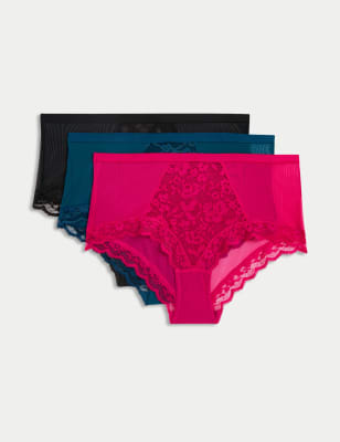 

M&S Collection Pack de 3 braguitas tipo culotte de talle alto con encajeWomens - Bright Pink Mix, Bright Pink Mix