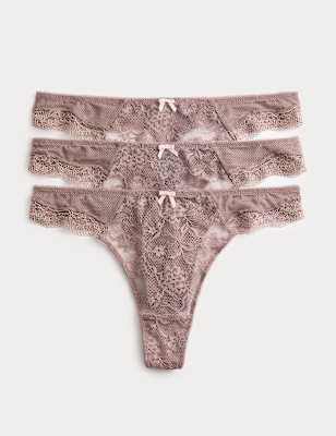 Womens M&S 3pk Jasmine Lace Thongs, Praline