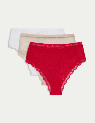 

Womens M&S Collection 3pk Lace & Mesh High Waisted Brazilian Knickers - Geranium, Geranium