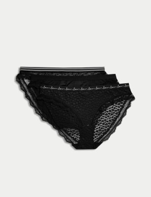 M&S Women's 3pk Lace & Mesh Bikini Knickers - 12 - Geranium, Geranium