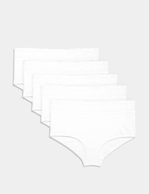 Womens M&S 5pk Cotton Lycra® & Lace High Rise Short, White/White
