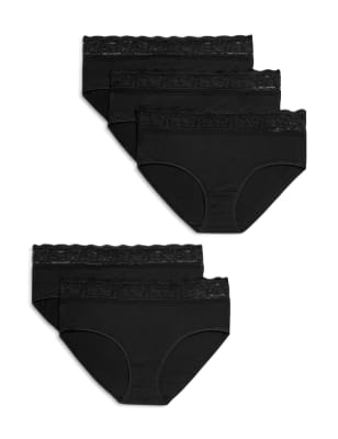 

Womens M&S Collection 5pk Cotton Lycra® & Lace High Rise Shorts - Black, Black