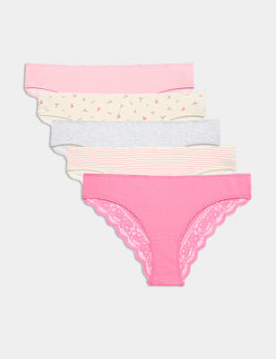 Womens M&S 5pk Cotton Rich Printed Brazilian Knickers, Pink Mix