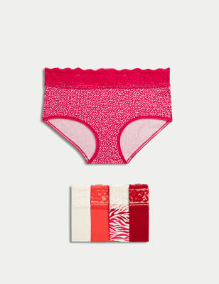 

Womens M&S Collection 5er-Pack hoch geschnittene Slips mit hohem Baumwollanteil und Muster - Lacquer Red, Lacquer Red