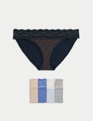 

Womens M&S Collection 5er-Pack gemusterte Bikinislips aus Baumwollmischgewebe - Blue Mix, Blue Mix