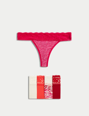 

Womens M&S Collection 5pk Cotton & Lace Printed Thongs - Lacquer Red, Lacquer Red