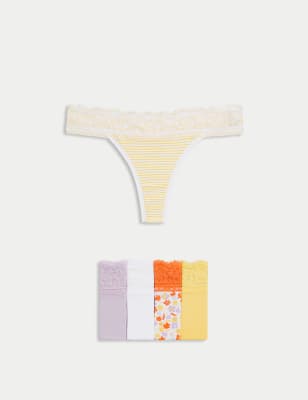 

Womens M&S Collection 5pk Cotton & Lace Printed Thongs - Sunshine, Sunshine
