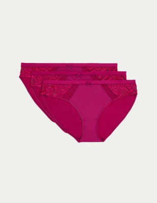 

Womens M&S Collection 3pk Amelia Lace Bikini Knickers - Dark Raspberry, Dark Raspberry