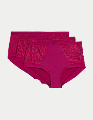 

Womens M&S Collection 3pk Amelia Lace High Rise Shorts - Dark Raspberry, Dark Raspberry