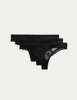 

Womens M&S Collection 3pk Amelia Lace Thongs - Black, Black