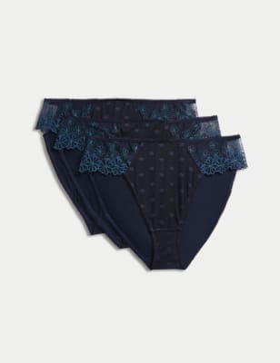 

Womens M&S Collection 3pk Daisy Embroidery & Mesh High Leg Knickers - Navy, Navy