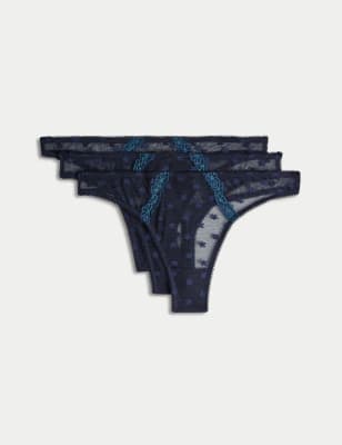 

Womens M&S Collection 3er-Pack Netz-Tangas mit Gänseblümchenstickerei - Navy, Navy