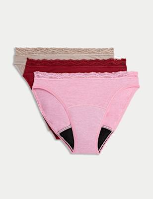 

Womens M&S Collection 3er-Pack Slips mit hoch ausgeschnittenem Bein und hoher Saugkraft für die Tage - Dark Cranberry, Dark Cranberry