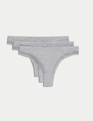 

Womens M&S Collection 3pk Cotton Rich Ribbed Thongs - Grey Marl, Grey Marl