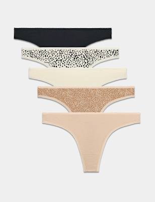 Womens M&S 5pk Pure Cotton Thongs, Black Mix