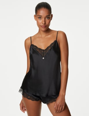 

Womens Rosie Silk & Lace Trim Camisole - Black, Black