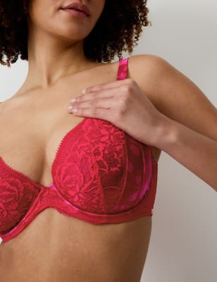 

Womens Rosie Peony Silk & Lace Wired Plunge Bra (F-H) - Red Mix, Red Mix