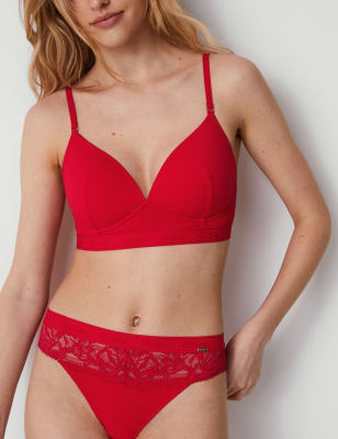 

Womens Rosie Lounge Rib & Lace Non Wired Plunge Bra (A-E) - Bright Red, Bright Red