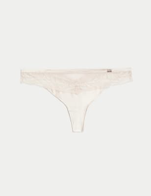 

Womens Rosie Silk & Lace Thong, Pale Opaline