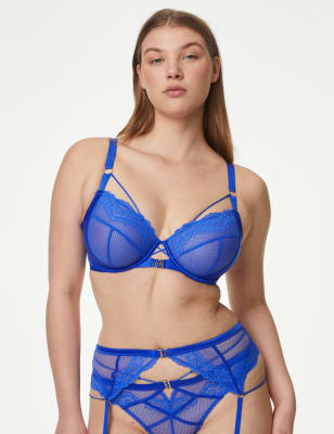 

Womens Boutique Clara Satin Fishnet Wired Plunge Bra (F-H) - Electric Blue, Electric Blue