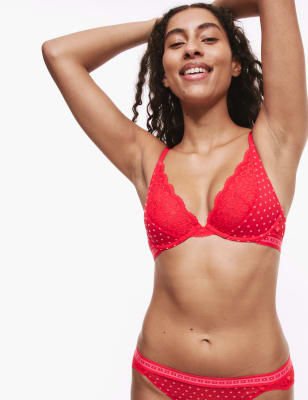 

Womens B by Boutique Alma Flock & Lace Wired Plunge Bra (A-E) - Red Mix, Red Mix