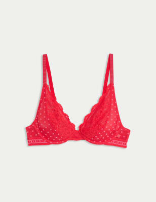 

Womens B by Boutique Alma Flock & Lace Wired Plunge Bra (A-E) - Red Mix, Red Mix