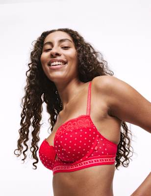 

Womens B by Boutique Alma Flock & Lace Wired Balcony Bra (A-E) - Red Mix, Red Mix