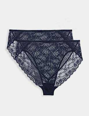 Womens M&S 2 Pack Ida Lace High Waisted High Leg Knickers, Nightshade
